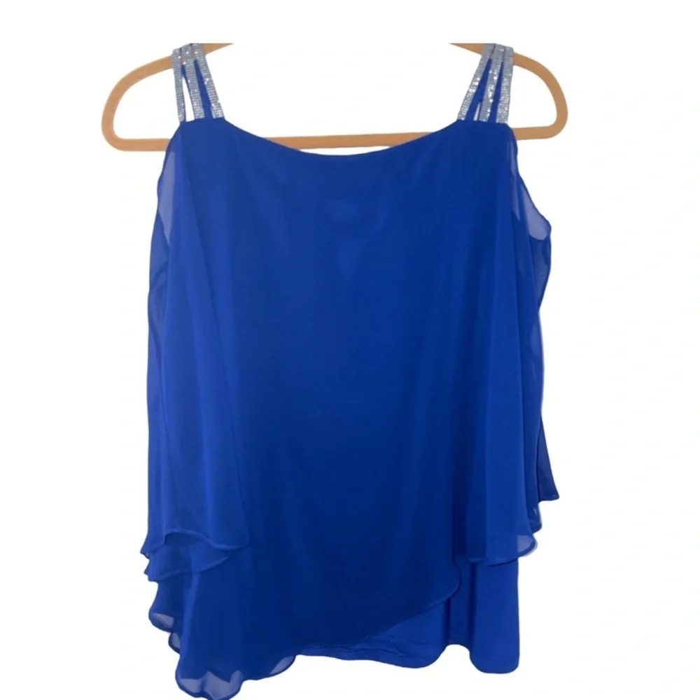 NWT MSK Chiffon Drape Rhinestone-Strap Blue Blouse Women’s Size Medium - Picture 11 of 12